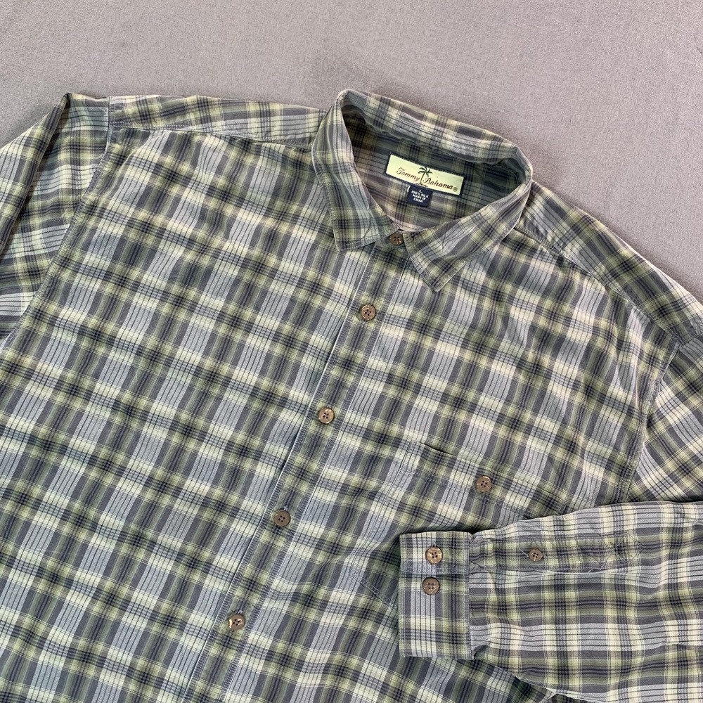 Tommy Bahama Shirt Men L Green Tartan Plaid 100% Silk Long Sleeve Button Casual